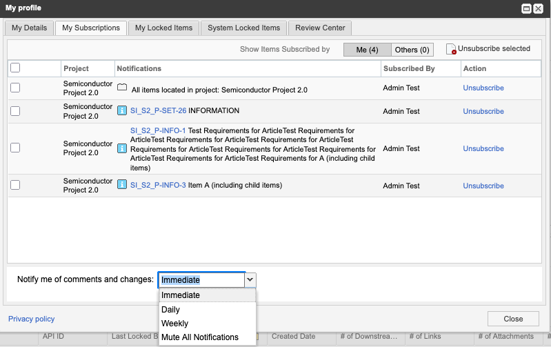 The My Subscriptions tab is highlighted on the My Profile page, along with the drop-down list options for when to be notified about subscription comments and changes.