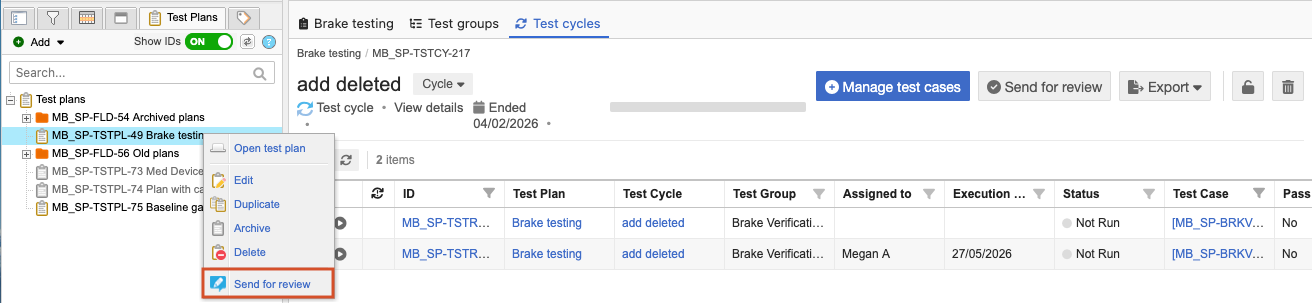 The Explorer Tree shows a selected test plan and the drop-down menu option that is selected is Send for review.