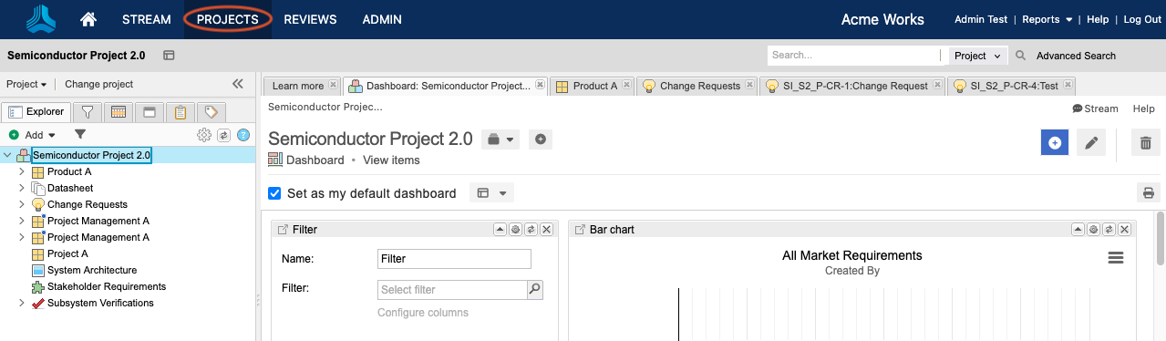 The Projects button and Project tab are highlighted for a selected project.