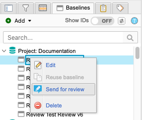 Baseline tab shows a selected baseline and the submenu option Edit is selected.