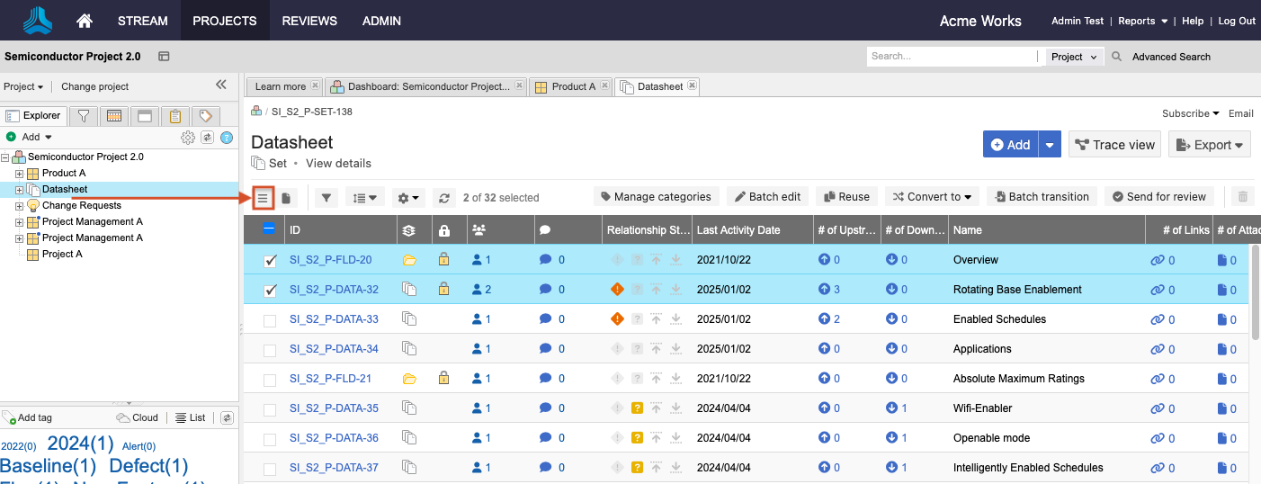 The Product Requirements details panel includes the List View icon, which displays information in a multi-column table.