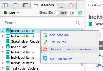 The Baselines tab shows a selected baseline source and the submenu option Delete source and baselines.