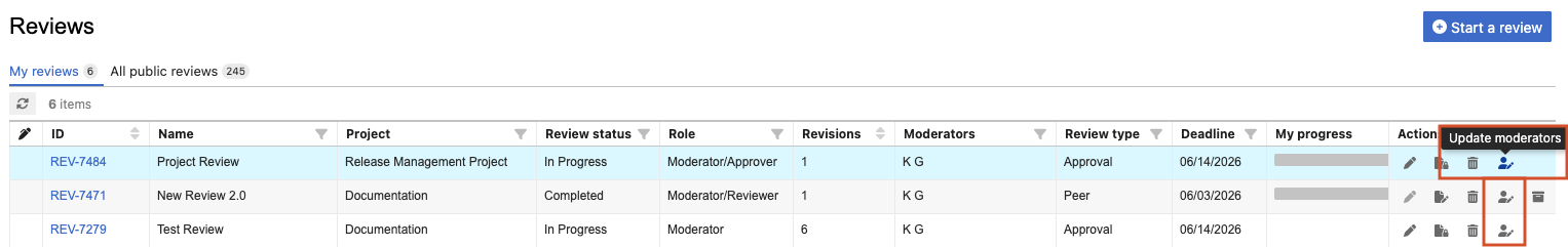 Select Update moderators from the actions for each review.