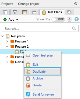 The Explorer Tree shows a selected test plan and the drop-down menu option Duplicate is selected.