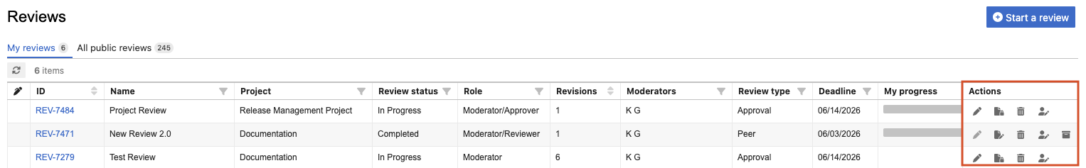 In Reviews > Table View, the Actions column displays icons for all actions you can take.