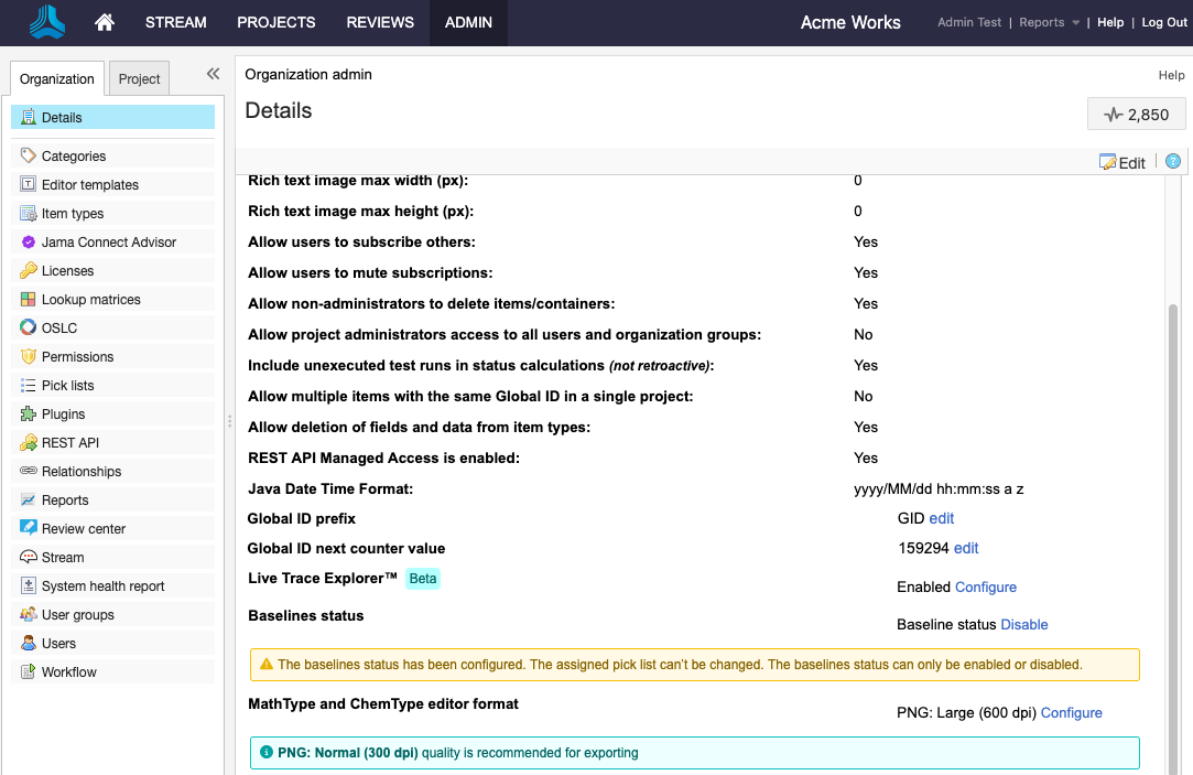 The Details page for an example Organization displays the list of available options to define your organization.