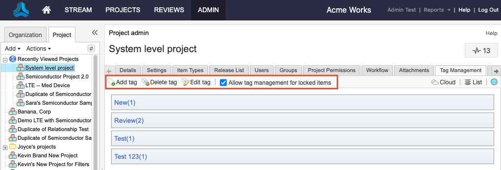 The Actions tools bar is highlighted in the details panel for the selected project.