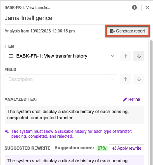 The Generate report button is highlighted on the analysis report.