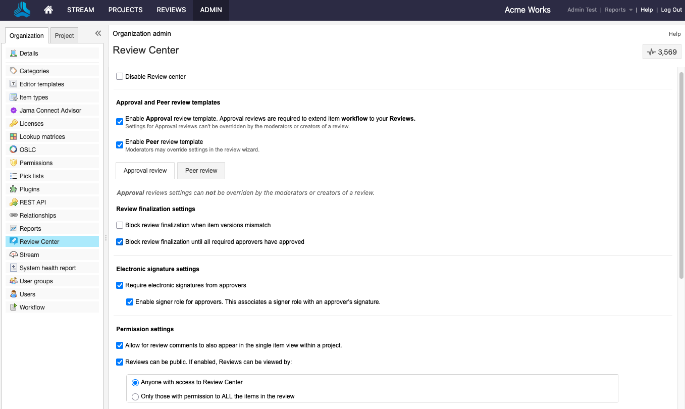 The details panel for the Review center page includes the options for defining your review.