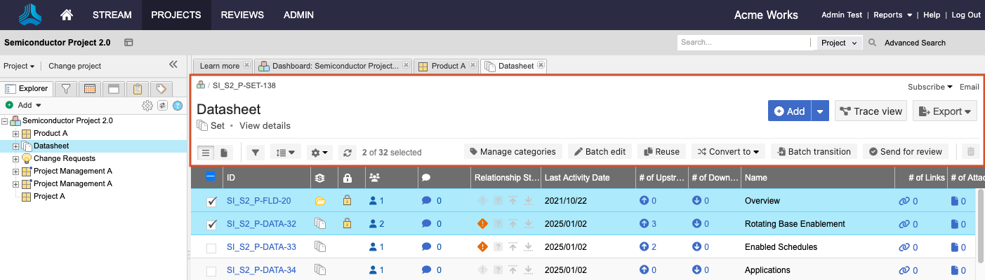 The toolbar at the top of the center details panel is highlighted; it includes ways to control and view content, all of which are described in the table that follows.