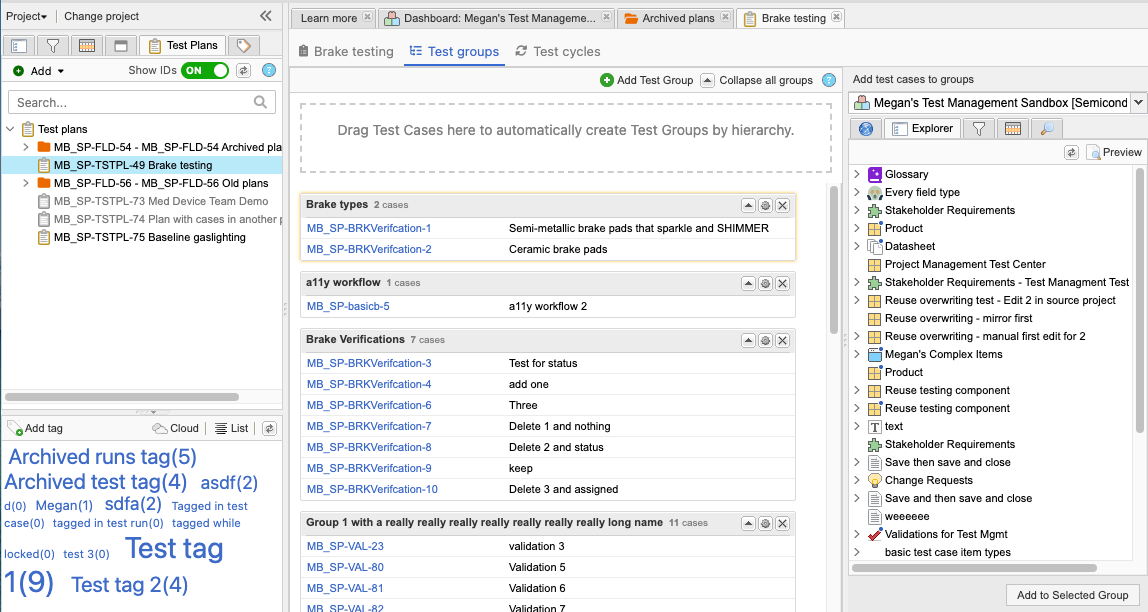 The UI shows a test plan selected in the Explorer Tree and the right panel shows the available test cases that can be added.