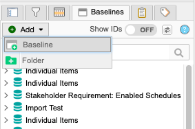 Baselines Explorer Tree shows a selected baseline and the Add > Baseline option selected.