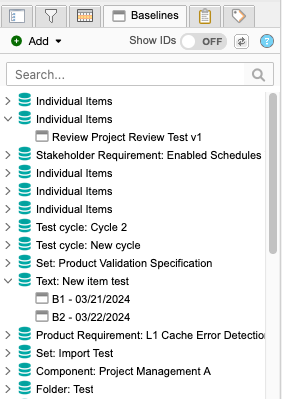 Baselines tab lists baseline sources, which are distinguished by color and icon.