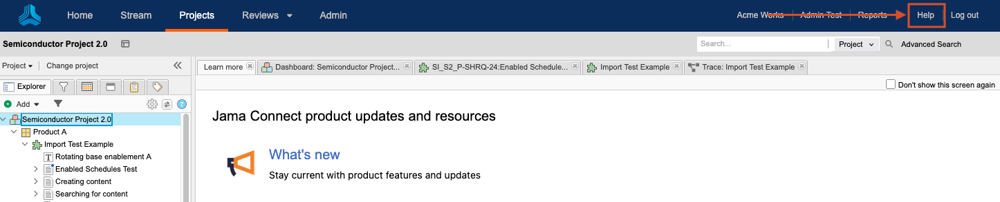 The Help option in the Jama Connect header is highlighted.