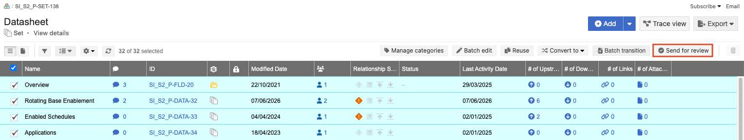 Select Projects > Explorer Tree, select items to include, then select Send for review.