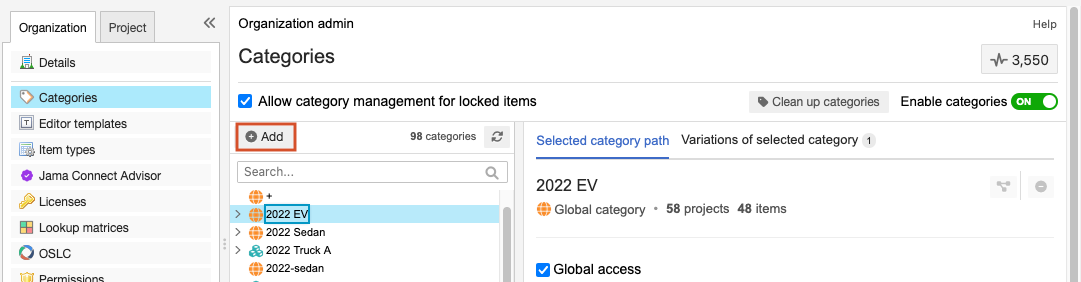 Select Add in the Categories admin tree.