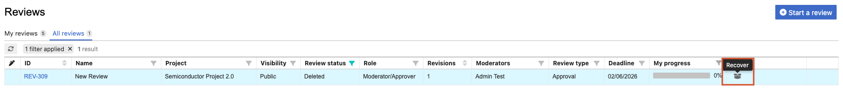 From the Actions column, select the Recover icon for the review you need.