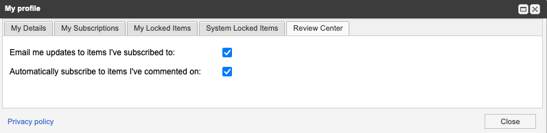 The Review Center tab on the My Profile page includes two options that are selected.