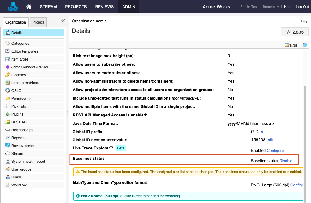 The Admin Details page shows that the Baselines status option is highlighted.