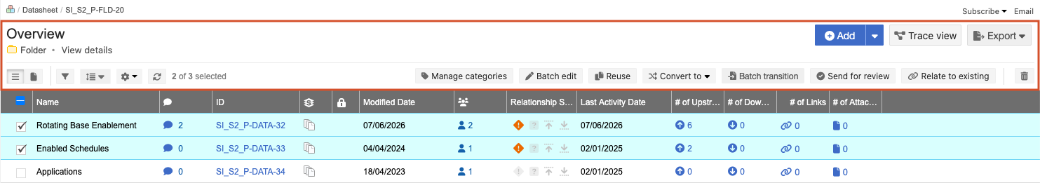 The toolbar at the top of the center details panel is highlighted; it includes ways to control and view content, all of which are described in the table that follows.