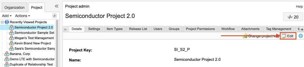 The Details tab for a selected project shows that the Edit button is highlighted.
