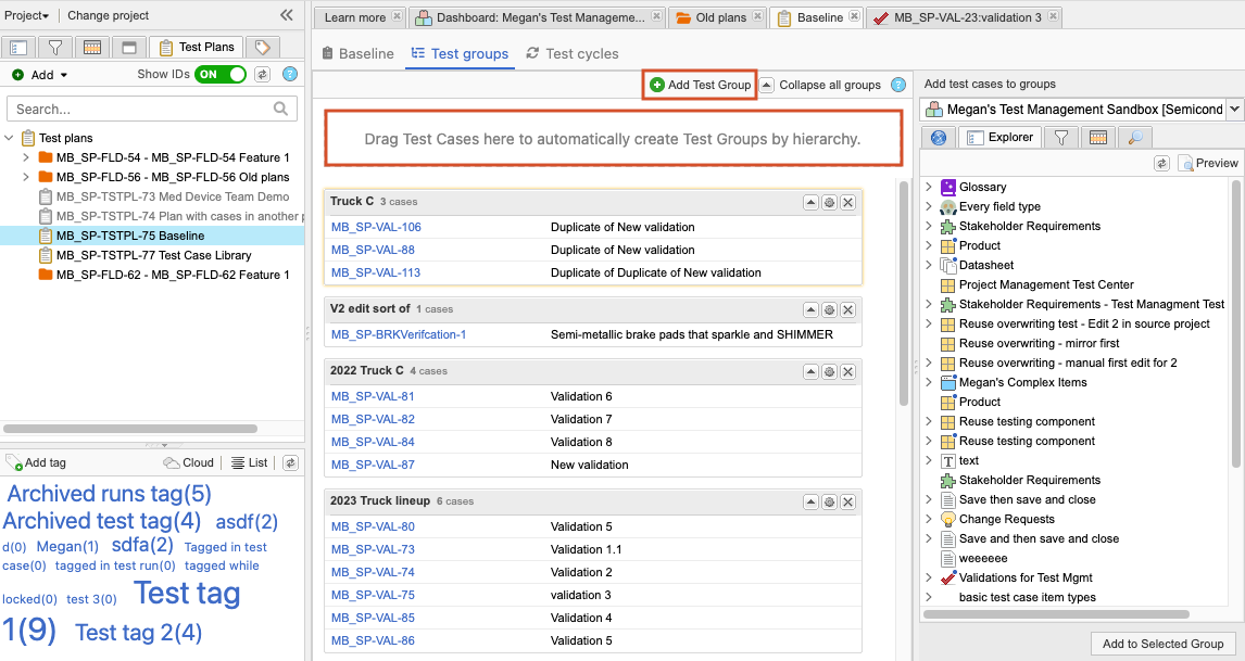 The New Test Plan page shows the Add Test Group button selected.