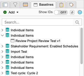 On the Baselines tab, a source, Set: Storage contains a baseline named "Review Test 2 vx" where x is the version number.