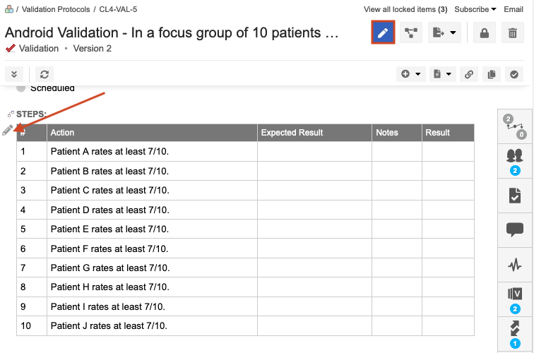 An example test case with the edit menu in the top right circled, and the pencil icon next to the steps field circled.