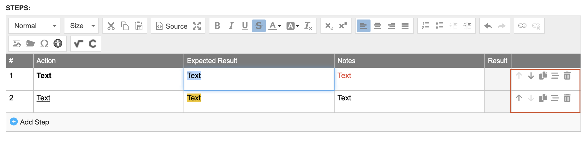 Under Steps, the steps are listed in a table form, and the action buttons are highlighted.