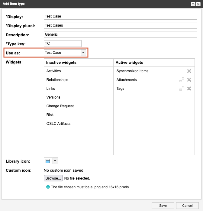 Add item type window shows Test Case selected from the drop-down list for the Use as option.