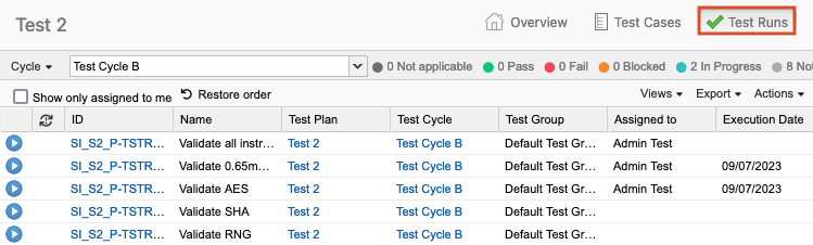 Image shows Test Runs tab selected in top toolbar, and cycle with the small black arrow highlighted on the left side of the center panel.